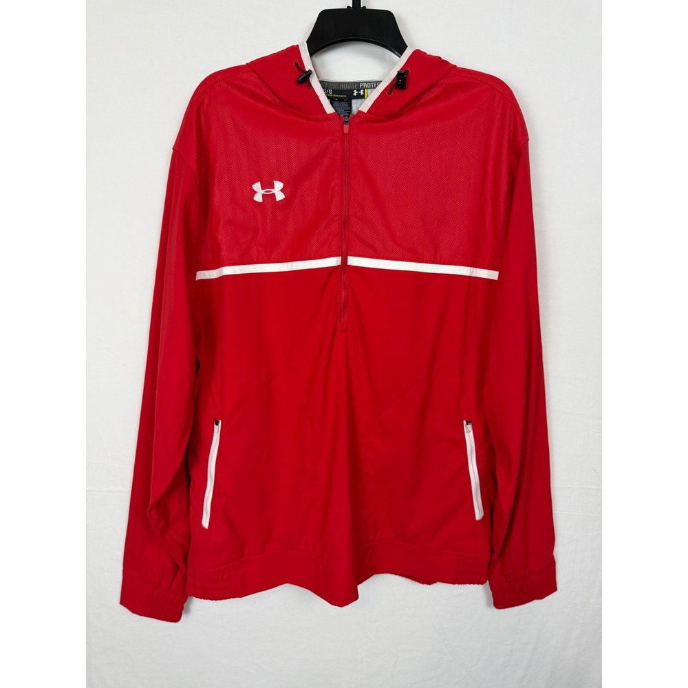 Under Armour Mens Windbreaker Large Red Quarter Zip Hooded Jacket Logo L